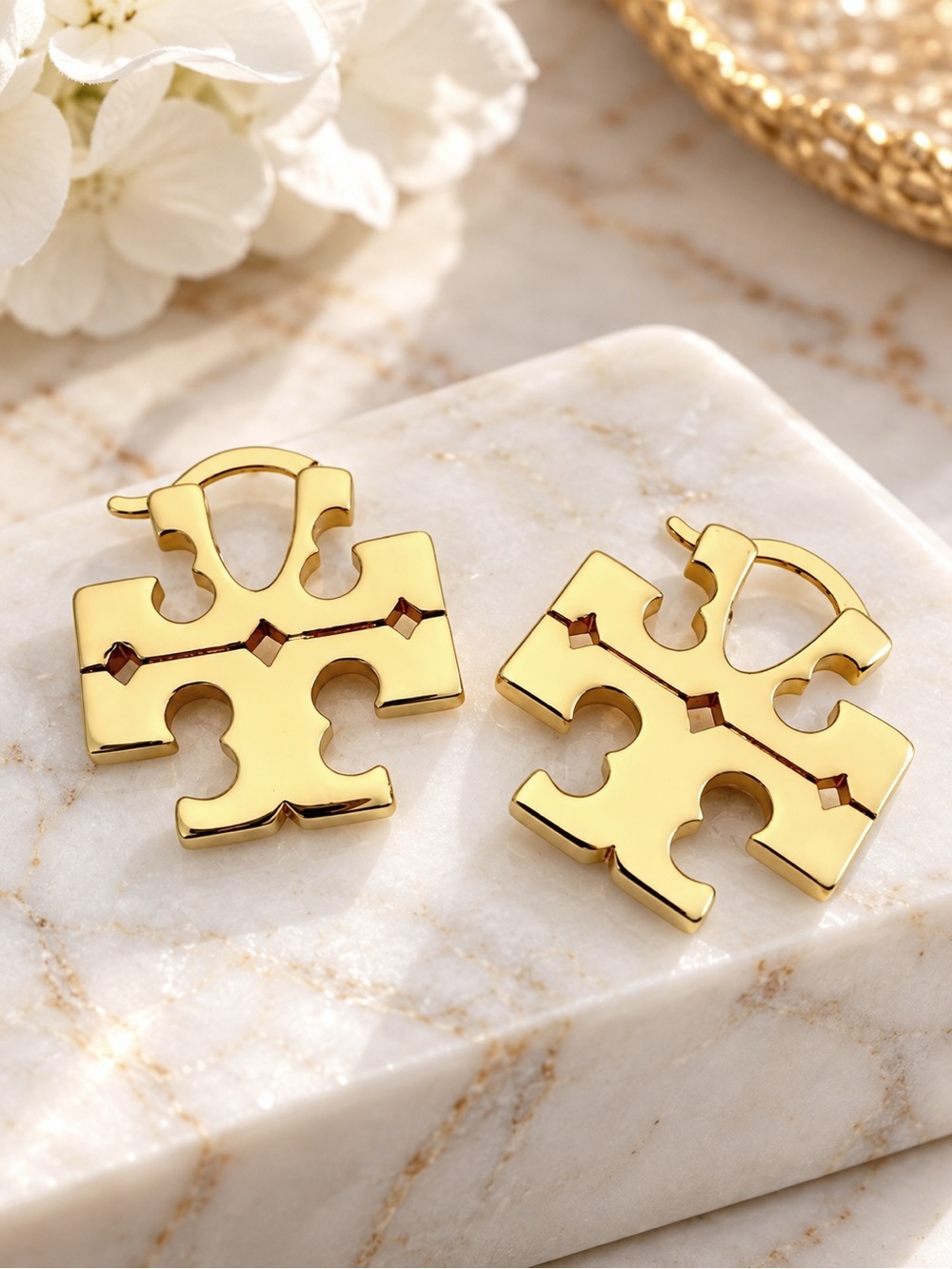 Tory Burch Gold Tone Double T Logo Huggie Hoop Earrings - Picture 3 of 6